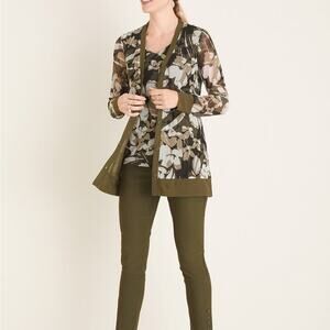 Chico's Olive Green Floral Sheer Cardigan